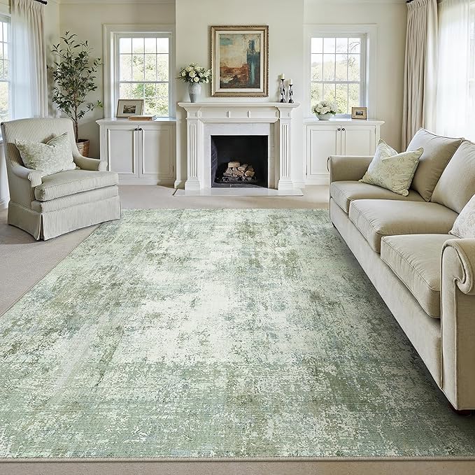 6x9 Washable Area Rug Sage Green Abstract Living Room Bedroom Carpet Neutral Modern Non-Slip Soft Low Pile Lightweight Vacuumable Throw Rug for Dining Room Kitchen