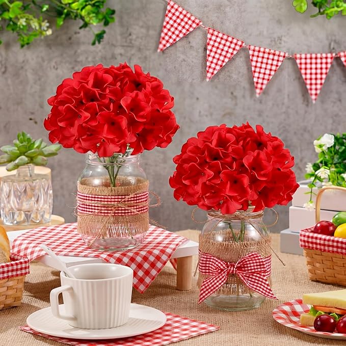 Daifunli 6 Set Picnic Party Centerpieces for Table Mason Jar Table Decor with Artificial Flowers Red Gingham Ribbon for Picnic Birthday Party BBQ Baby Shower Wedding(6,Hydrangea)