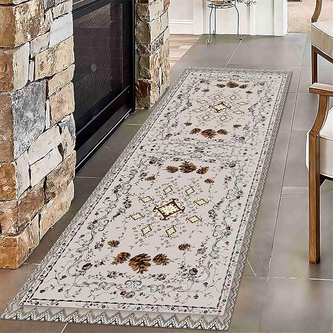 Floral Runner for Kitchen, Boho Vintage Distressed Pineal Rug; 2x8ft, Grey; Non-Slip, Soft Low Pile, Indoor Room Washable Rug for Laundry, Hallway, Bathroom