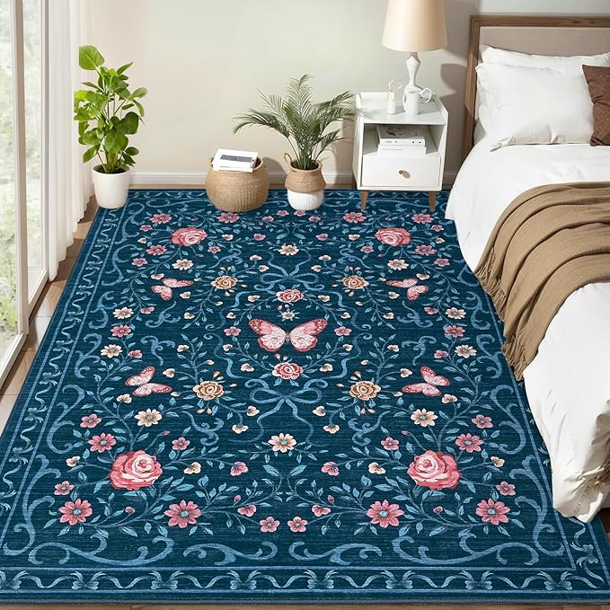 GarveeHome Floral Area Rug 4x6 Entryway Rug Low Pile Bedroom Blue Bow Rugs Non Slip Stain Resistant Dining Room Throw Carpet Small Living Room Butterfly Rugs Soft Boho Mats for Kitchen Nursery, 4x6