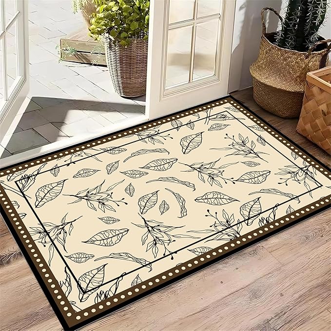 Medieval French Style Area Rugs 7x10ft, Off-White Botanical Leaf Pattern Rug, Low Pile Carpet, Washable & Non-Slip for Living Room, Bedroom, Dining Room, Dorm