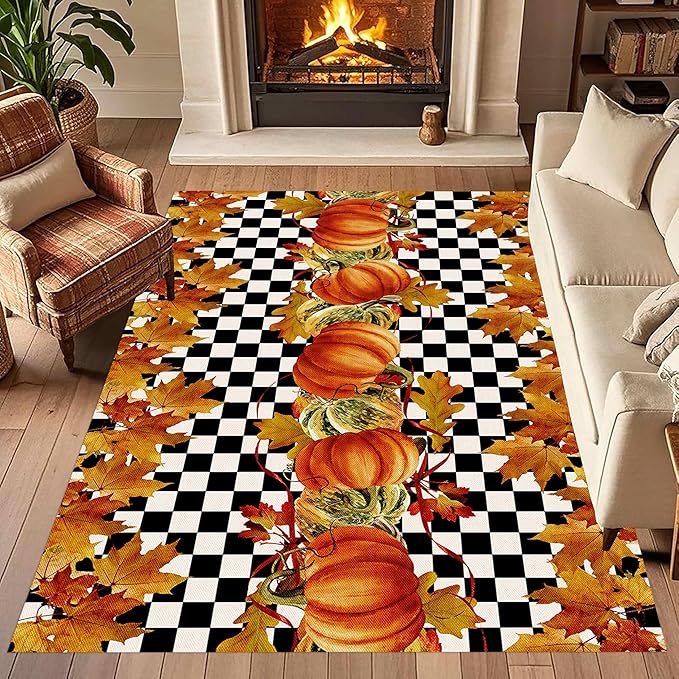 Pumpkin Area Rugs, 6x8ft, Fallen Leaves Autumn Harvest Pumpkins Black and White Checkered Rug, Ultra-Thin Rubber Non Slip Geometric Carpet for Living Room Playroom