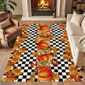 Pumpkin Area Rugs, 5x6ft, Fallen Leaves Autumn Harvest Pumpkins Black and White Checkered Rug, Ultra-Thin Rubber Non Slip Geometric Carpet for Living Room Playroom