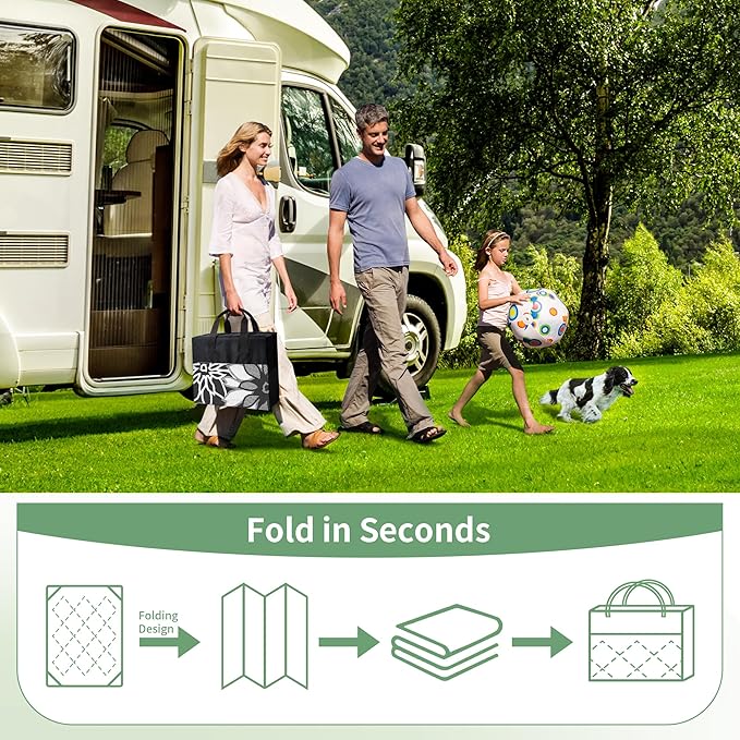 GENIMO Outdoor Rug Waterproof for Patio Decor, 9' x 12' Reversible Plastic Straw Floral Camping Carpet, Large Area Rugs Mats for RV, Camper, Deck, Balcony, Porch, Beach, Picnic, Black & White
