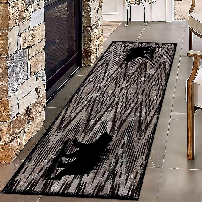 Rustic Cabin Runner Rug, 3.3x10ft, Vintage Lodge Wood Grain Wild Animal Black Bear Print Long Hallway Rug, Non-Slip Washable Carpet with Rubber Backing for Hallway Walkway Entry Foyer