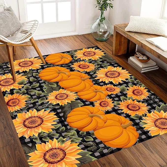 Autumn Style Area Carpet, 5x6ft, Checkered with Sunflower and Pumpkin Fall Harvest Large Flower Rug, Fluffy Short Pile Rubber Backed Farmhouse Door Mat for Study Room Front Door