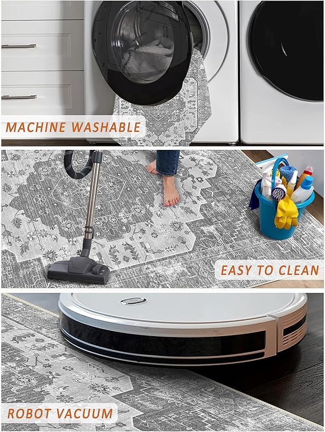 vivorug Runner Rug 2'x8' Vintage Washable Non-Slip Runners for Hallways Kitchen Entryway Laundry Room Carpet Hallway Runner Grey Floral