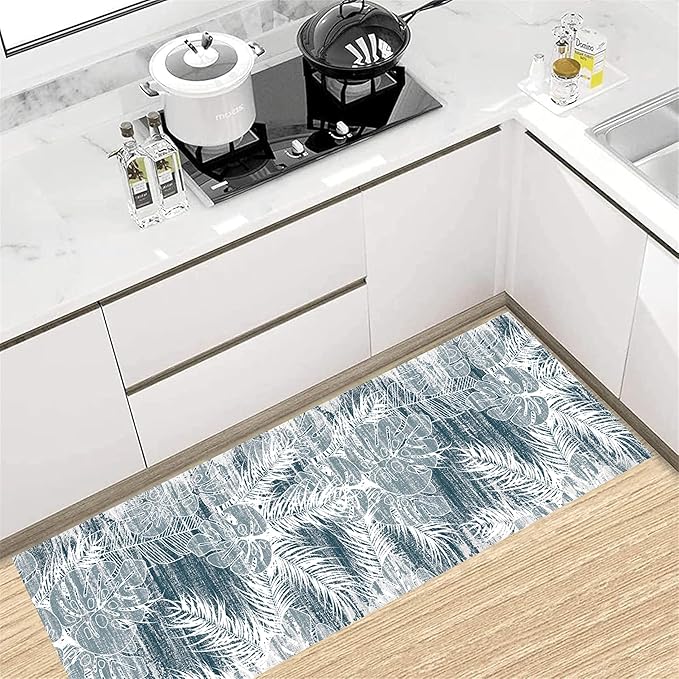 Blue White Tropical Runner Rug 3.3x10ft - Indoor Outdoor Non-Shedding Washable Carpet, Soft Durable Floor Mat for Patio, Hallway, Kitchen, Living Room
