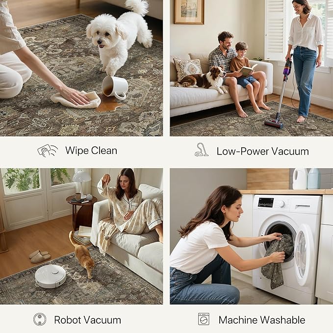 Bavni Washable Runner Rug 2x5, Non Slip Vintage Hallway Runner, Ultra Thin Low Pile Washable Carpet for Kitchen Entryway Bedroom, Brown