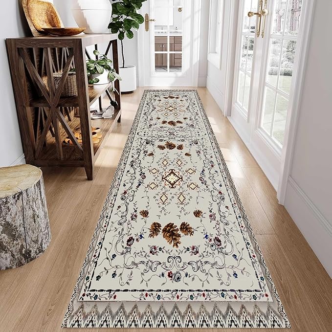 Floral Runner Rug, 2.6x7ft, Bohemian Vintage Distressed Floral Pineal Rug for Kitchen, Non-Slip No Shedding, Soft Low Pile Indoor Room Grey Rug for Laundry, Washable Rug for Hallway Bathroom