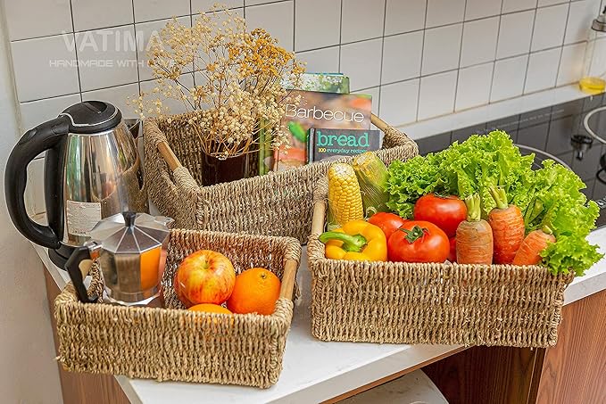 VATIMA Seagrass Baskets with Wooden Handles, Set of 3 Decorative Natural Wicker Baskets for Kitchen