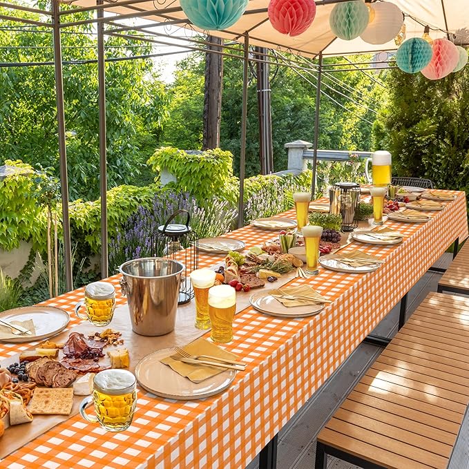 12 Pack Orange Plastic Checkered Tablecloth, Premium Decorative Disposable Orange Gingham Plaid Table Cloths for Parties, Rectangle Party Table Cover for Fall Thanksgiving Picnic Birthday, 54x108 Inch
