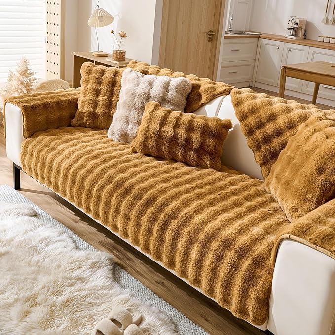 Faux Fur Couch Cover Fuzzy Soft Plush Thick Bubble Sofa Cover Luxury Sectional Couch Covers Luxury Anti-Slip Sofa Slipcover Washable Furniture Protector (Brown Yellow,36"x94")