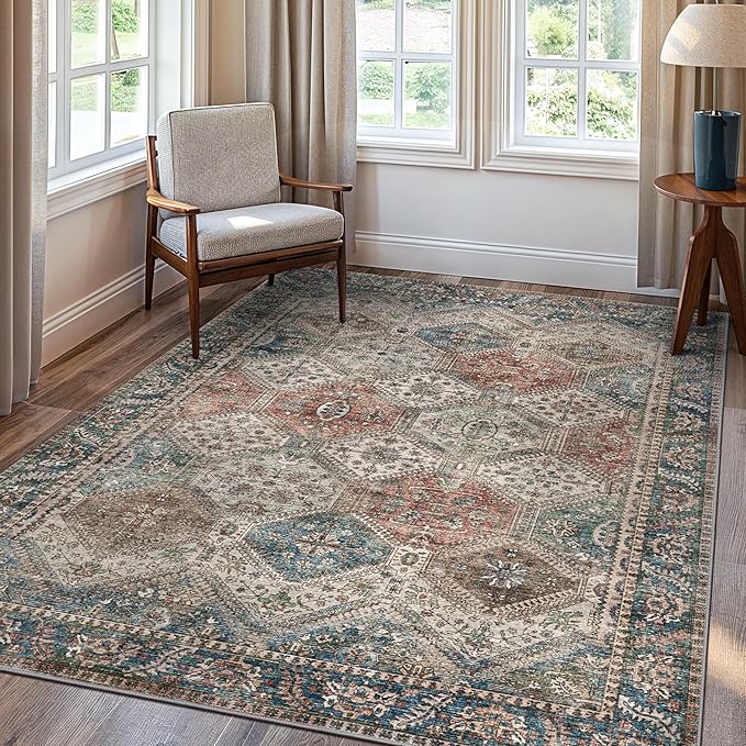 Bavni 6x9 Area Rugs for Living Room, Machine Washable Rug Non Slip, Vintage Chenille Distressed Print Carpet, Large Low Pile Ultra-Thin Lightweight Rugs for Bedroom, Dining Room, Home, Office, Red