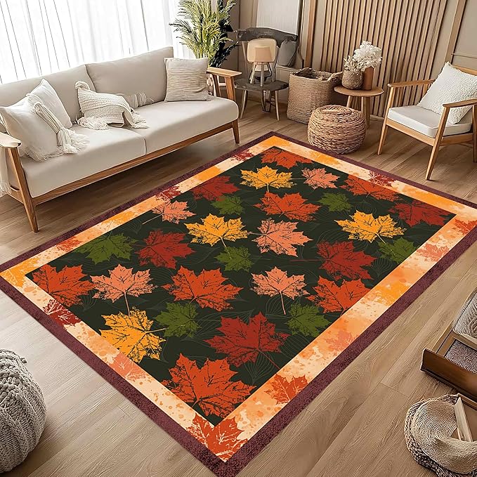 Fall Themed Area Carpet, 4x6ft, Autumn Fallen Leaves Print Pattern Retro Rustic Style Dark Stain Resistant Throw Rug, Low-Profile Non Slip Breathable Floor Mat for Dining Room Laundry