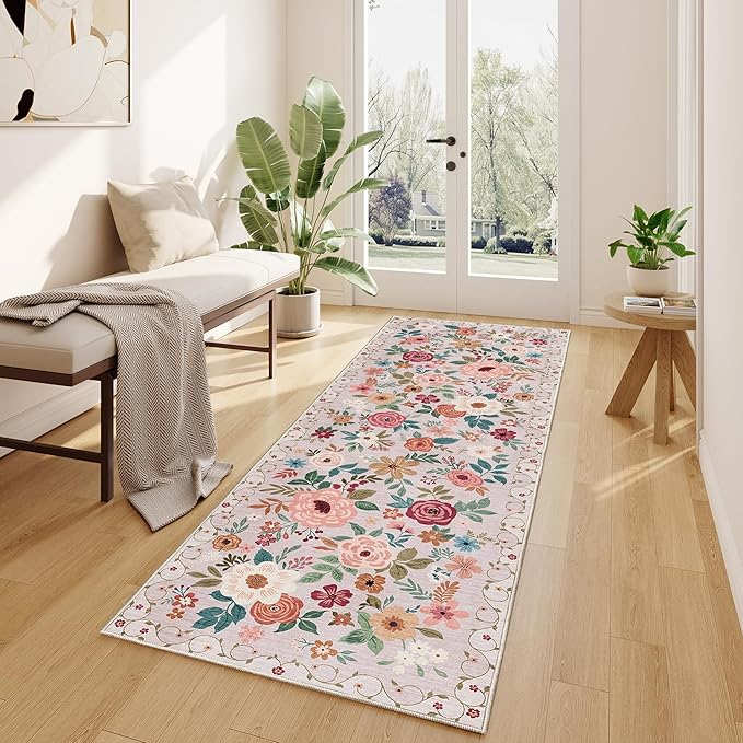 DUKINO 2x6 Runner Rug for Hallway, Washable Kitchen Runner Rug with Non Slip Backing, Low Pile Soft Boho Floral Runner for Kitchen, Hallway, Entryway, Laundry, Bedroom, Beige