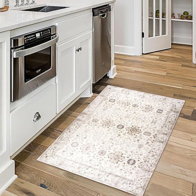 ReaLife Rugs Machine Washable Area Rug - Living Room Bedroom Bathroom Kitchen Entryway Office - Padded Crease Free Stain Resistant Premium - Boho Farmhouse Vintage- BEV- Beige - 2'x 3'