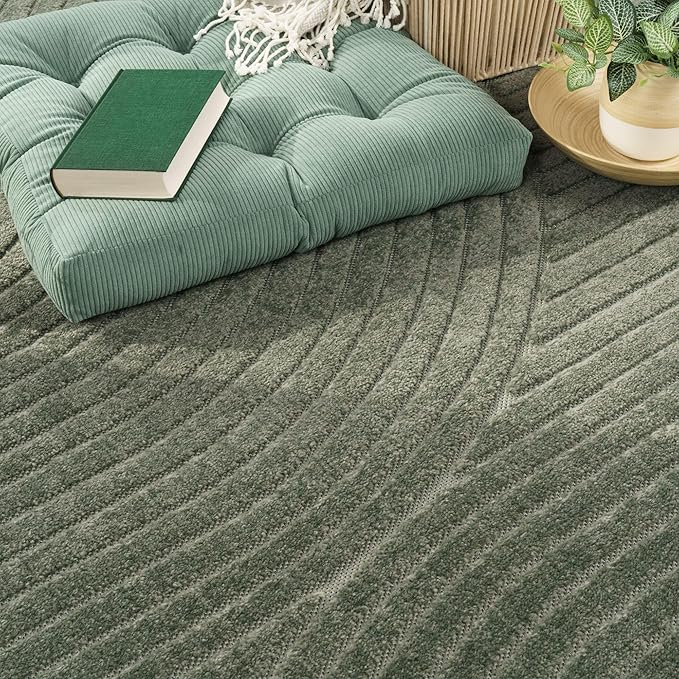 Paco Home Modern Area Rug with Raised Curved Line Pattern – Minimalist Design in Green, Size: 2'8" x 4'11"