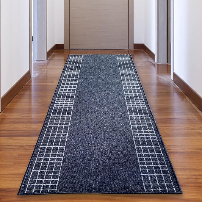 Custom Made Runner Rug for Kitchen Foyer Hallway Entry Choose Your Length 31 Inch Wide Geometric CheckeBlue Design Blue Color (25 feet x 31 Inch)