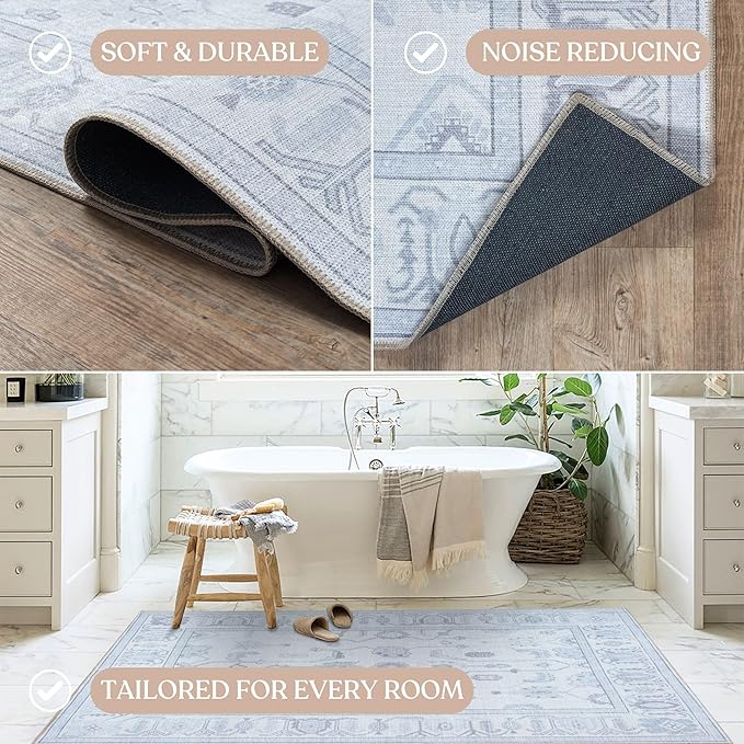 Fame Living Beige Oushak Rug, Modern, Vintage, Turkish, Eclectic, Floral, Pastel, Washable, Area Rugs for Living Room, Dining, Bedroom, Office, Entryway, Foyer, Playroom, Nursery, 5'x6'9"