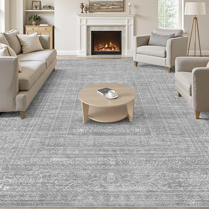 6x9 Area Rugs Living Room: Washable Large Vintage Grey Rug Neutral Non-Slip Soft Stain Resistant Indoor Carpet for Bedroom Nursery Dining Room Under Table Bed Home House Office Playroom