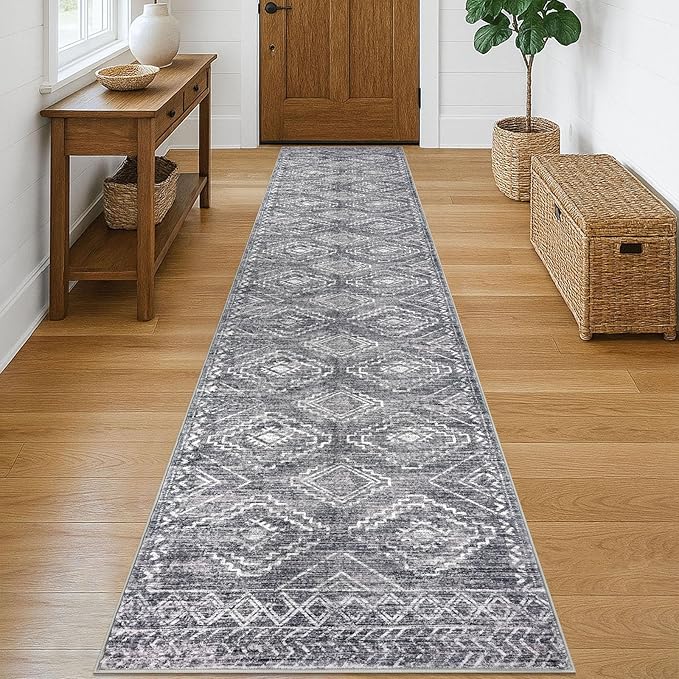 KILOCOCO Hallway Runner Rug 2'x10' Runners for Hallways Washable Runner Rug Non Slip Rubber Backed Low-Pile Runners for Bedroom Kitchen Living Room Laundry Room Boho Rugs, Grey