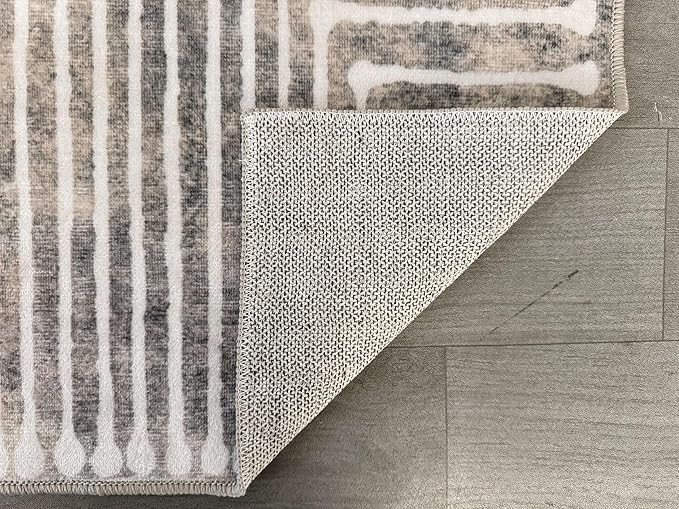 GLN Rugs Contemporary Collection - Machine Washable Area Rug, Contemporary Washable, Non Slip, Low Pile Chenille Rug, Living Room, Bedroom, Kitchen Rug (5'3" Round Lines Cream)
