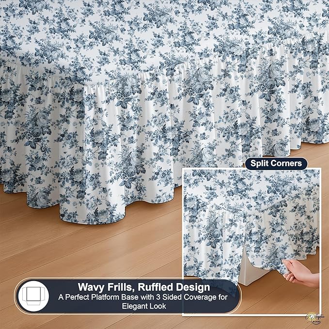 Cottington Lane Ruffled Bed Skirt Queen Size with Split Corner, Brushed Microfiber Hotel Quality Dust Ruffle, 18 Inch Drop Gathered Bedskirt, Soft, Stylish, Shrink & Fade Resistant, Blue Floral Bliss