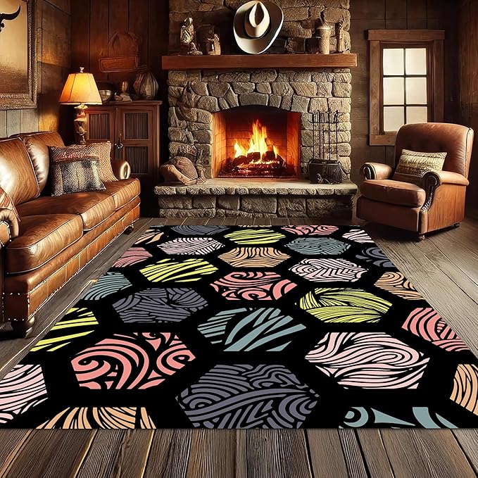 Large Living Room Area Rug 5x8ft,Modern Geometric Rugs, Multicolor Low Pile Farmhouse Carpet, Machine Washable & Non-Slip Non-Shedding for Classroom, Bedroom & Dorm
