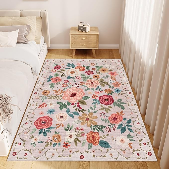 DUKINO 3x5 Area Rug, Floral Rugs for Entryway, Lightweight Non Slip Washable Rug, Indoor Low Pile & Non-Shedding Boho Design Rugs for Bedroom, Living Room, Dining Room, Kitchen, Beige