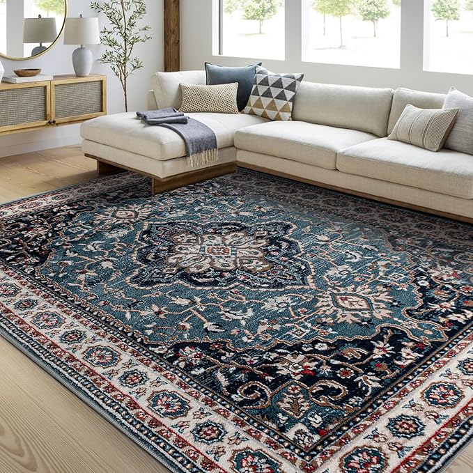 Easy-Going Area Rug 6x9 Medallion Distressed Washable Rugs for Living Room Non-Slip Bedroom Rug Low Pile Lightweight Vintage Retro Throw Rug for Dining Room Kitchen Home Office Carpet, Teal Brick