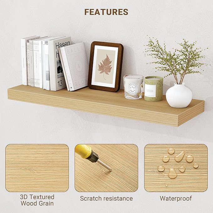 Acovy 16 Inch Floating Shelves, 3D Textured Wood Grain, Wooden Shelves