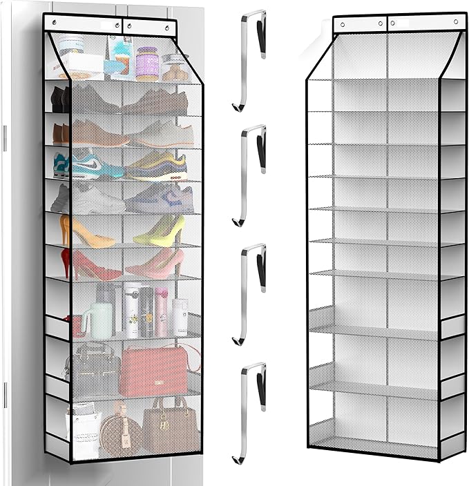 PAULONE Over the Door Organizer Heavy Duty – 96 Lbs Capacity 20 Pair Shoe Rack with Multi-Size Pockets Fits Tall Boots up to 11.8", Breathable Mesh, Metal Hooks – Also for Bags, Toys, Toiletries