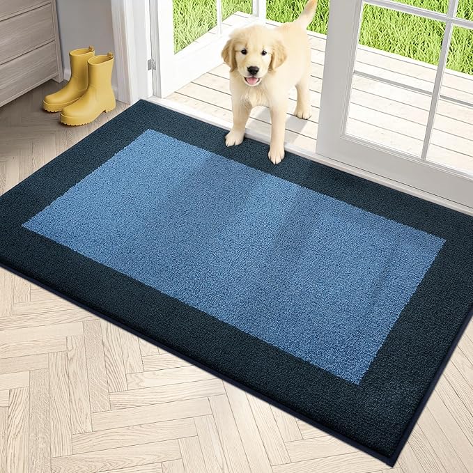 PURRUGS Dirt Trapping Door Mat 34" x 60", Non-Slip/Skid Machine Washable Entryway Rug, Shoes Scraper, Throw Rug, Super Absorbent Area Rug for Muddy Wet Shoes and Paws, Light Blue & Navy