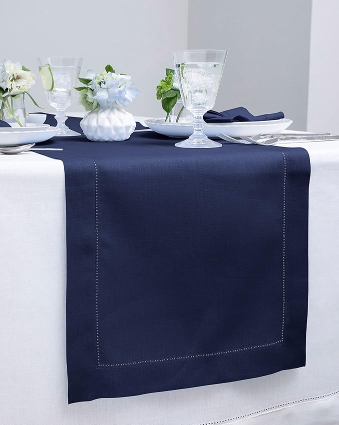 Solino Home Linen Navy Blue Table Runner 108 Inches Long - 100% Pure Linen 14 x 108 Inch Table Runner for Christmas, New Year - Classic Hemstitch