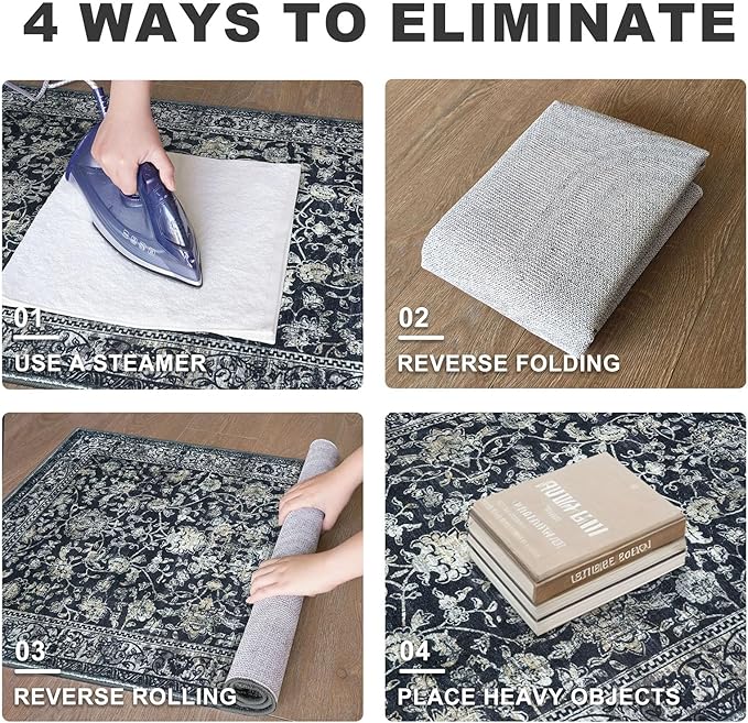 KILOCOCO Area Rug 6x9 Living Room Rug Washable Printed Vintage Floral Non Slip Soft Rubber Backed Indoor Bedroom Rugs for Laundry Room Kitchen Playroom Moroccan Area Rugs, Navy/Charcoal