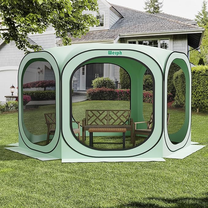 Werph 12x12 Pop Up Screen Tent, Mosquito Net Gazebo, UV Resistant Roof Waterproof Screen Canopy, Quick Setup Outdoor Shelter for Backyard, Patio, Garden, Picnic, Camping and Events, Green