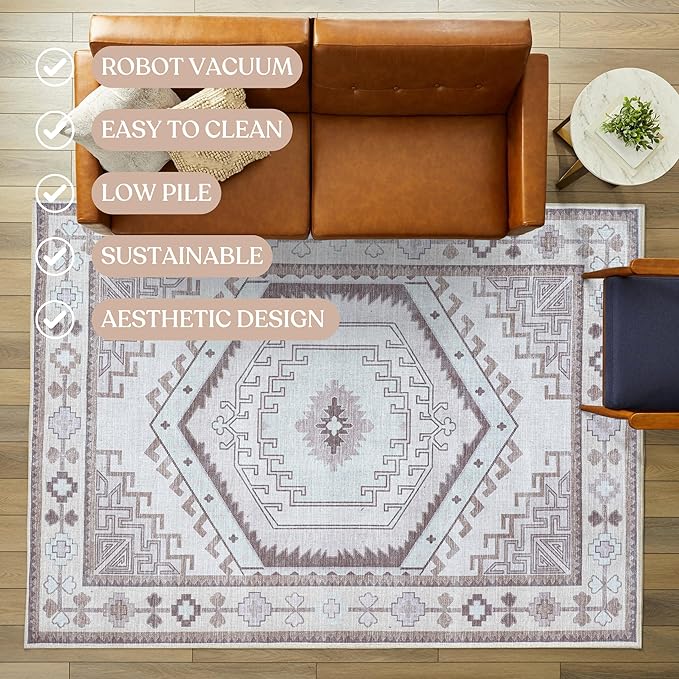 Fame Living Washable Area Rug. Modern Farmhouse. Vintage. Turkish. Bohemian. Distressed. Oriental. Traditional. Rugs for Living Room. Dining. Bedroom. Office. Entryway. Foyer. (856BrC, 2'5" x 4'9")