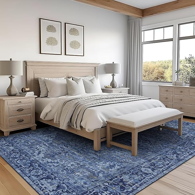 ReaLife Rugs Machine Washable Area Rug - Living Room Bedroom Bathroom Kitchen Entryway Office - Padded Low Pile Stain Resistant Premium - Boho Vintage Traditional - Lyle - Blue 7'6" x 9'6"