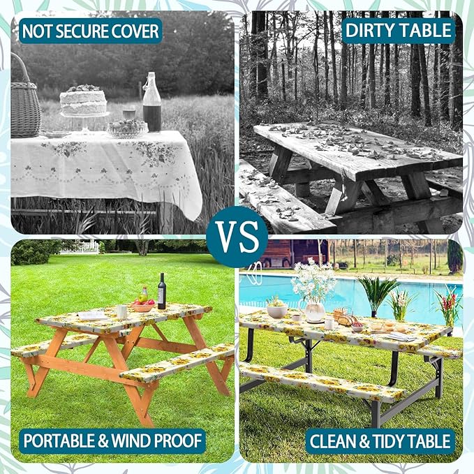 Sunflower Picnic Table Cover with Bench Covers, Yellow Buffalo Plaid Farmhouse Elastic Camping Table Cloth Picnic Party Essentials, Vintage Floral Rectangular Table Cloth Cover