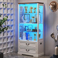 FREDEES Display Cabinet with Glass Doors, Tall Bookcase with 3 Color Lights and