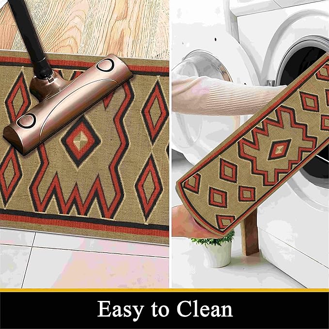 Brown Base Red Black Diamond Runner Rug, 4x10ft Zigzag Pattern Hallway Runner Rug, Corridor & Foyer High-Traffic Area Rugs, Durable Flannel Carpet Non-Slip Mat, Southwestern Home Decor