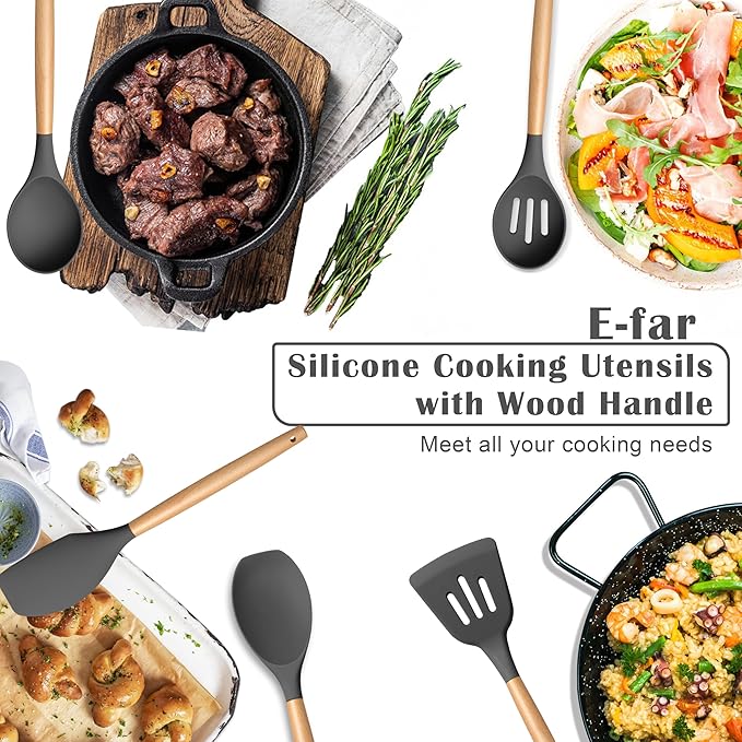 E-far Silicone Cooking Utensils Set, 5-Piece Kitchen Utensils Set with Wooden Handle for Cooking, Silicone Kitchen Nonstick Tools Spatula Turner Slotted Spoons, Nontoxic & Heat Resistant-Gray