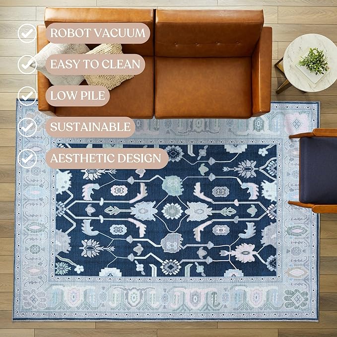 Fame Living Navy Blue Oushak Rug, Modern, Vintage, Turkish, Eclectic, Floral, Pastel, Washable, Oversized, Extra Large Area Rugs for Living Room, Dining, Bedroom, Lounge 9'5"x14'