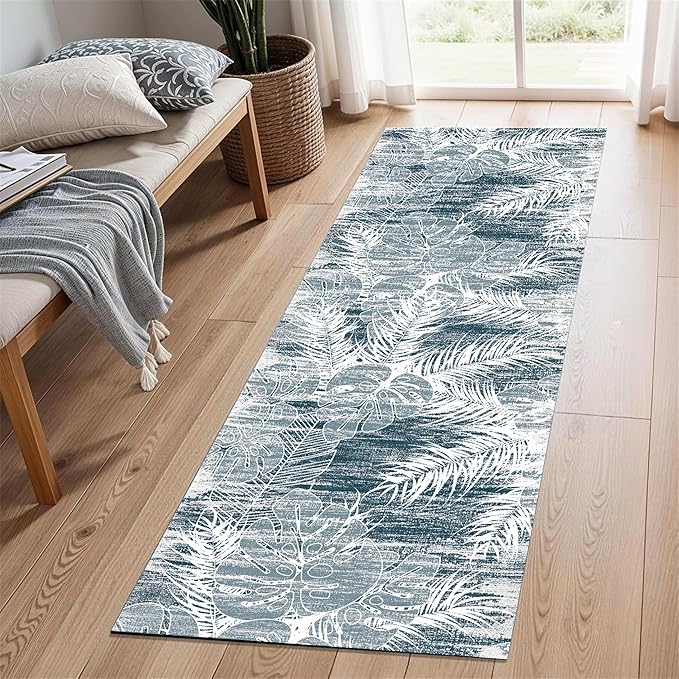 Blue White Tropical Runner Rug 2x8ft - Indoor Outdoor Non-Shedding Washable Carpet, Soft Durable Floor Mat for Patio, Hallway, Kitchen, Living Room
