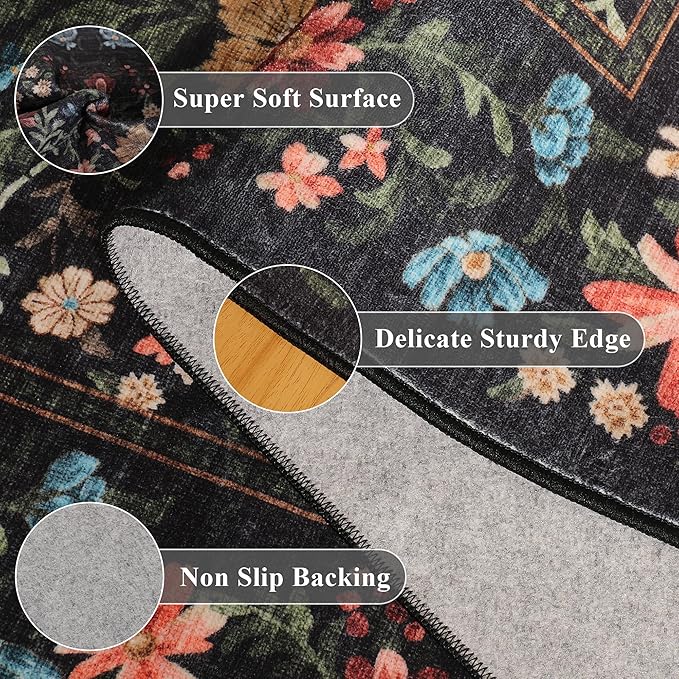 DUKINO 5x7 Area Rugs, Floral Washable Rugs for Bedroom with Non Slip Backing, Vintage Low Pile Indoor Floor Carpets for Bedroom, Living Room, Farmhouse, Home Office, Dining Room, Black