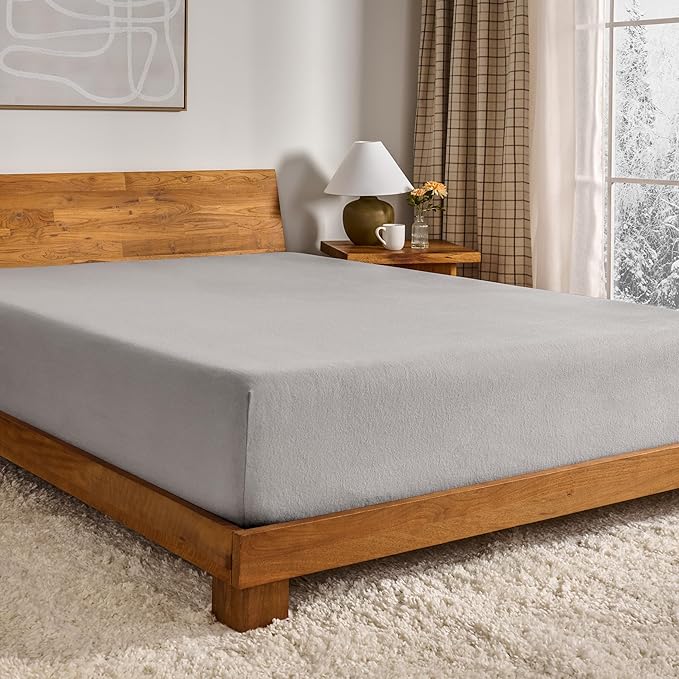 Bare Home Flannel Fitted Bottom Sheet 100% Cotton, Velvety Soft Heavyweight - Double Brushed Flannel - Deep Pocket (Full, Light Grey)