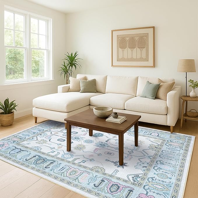 Cream Green Oushak Rug, Modern, Vintage, Turkish, Eclectic, Floral, Pastel, Washable, Oversized, Extra Large Area Rugs for Living Room, Dining, Bedroom, Lounge 9'5"x14'