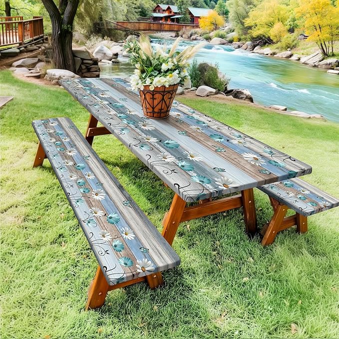 Floral Picnic Table Cover with Bench Covers, Camping Essentials, Wooden Flower Butterfly Waterproof Windproof, Fitted Tablecloth Cover with Elastic Edge, for Indoor, Outdoor, 3 PCS, 30x72 Inch