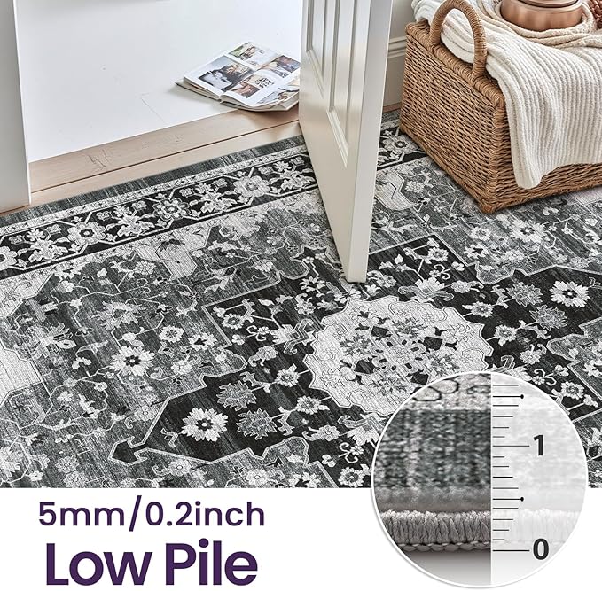 DEXI 10x14 Area Rug for Living Room, Washable Vintage Farmhouse Thin Rug Indoor Floor, Non Slip Stain Resistant Low Pile Carpet for Dining Room Bedroom Office, White Grey